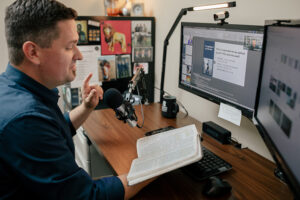 Aaron Brown, Assistant Professor and Director of the Master of Arts in Ministry program, prepares and records online instruction.