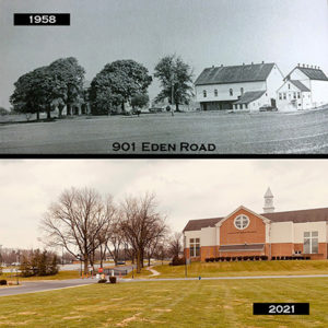 The above photo is from 1958 just prior to Lancaster School of the Bible taking over 15 acres of the Esbenshade Farm on Eden Road. The photo on the bottom is from earlier this month. The Old Main Building in the top photo was torn down in 2008, and the gazebo in the top right of the bottom photo sits on the land now.