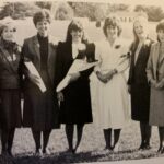 The 1985 Homecoming featured eight women from LBC, including Nancy Blauser (middle, dark dress) who was named Homecoming Queen.