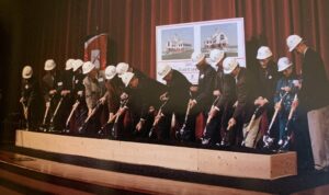 The groundbreaking of the new library building (later to be named Teague Learning Commons) was moved indoors due to inclement weather, as dirt was brought onto the stage at Good Shepherd Chapel.